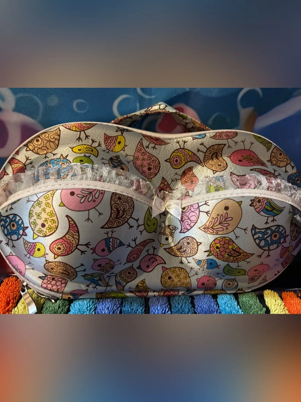 Bird-Print Bra Travel Case - Pink, Blue, Green, Yellow